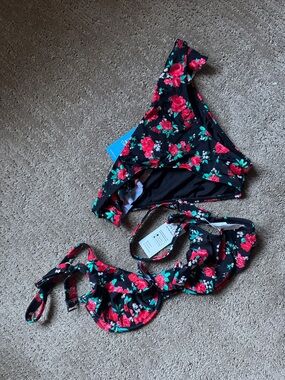 Cupshe Black Floral Bikini Set with Red and Green Accents